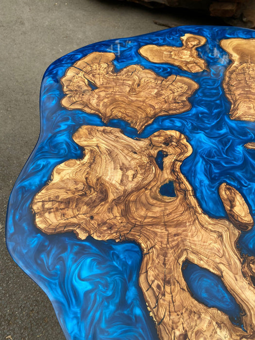 Olive Wood Coffee Table, Custom 30” Diameter Round Olive Wood Table, Metallic Blue Epoxy Table, Epoxy Resin Table, Custom Order for William