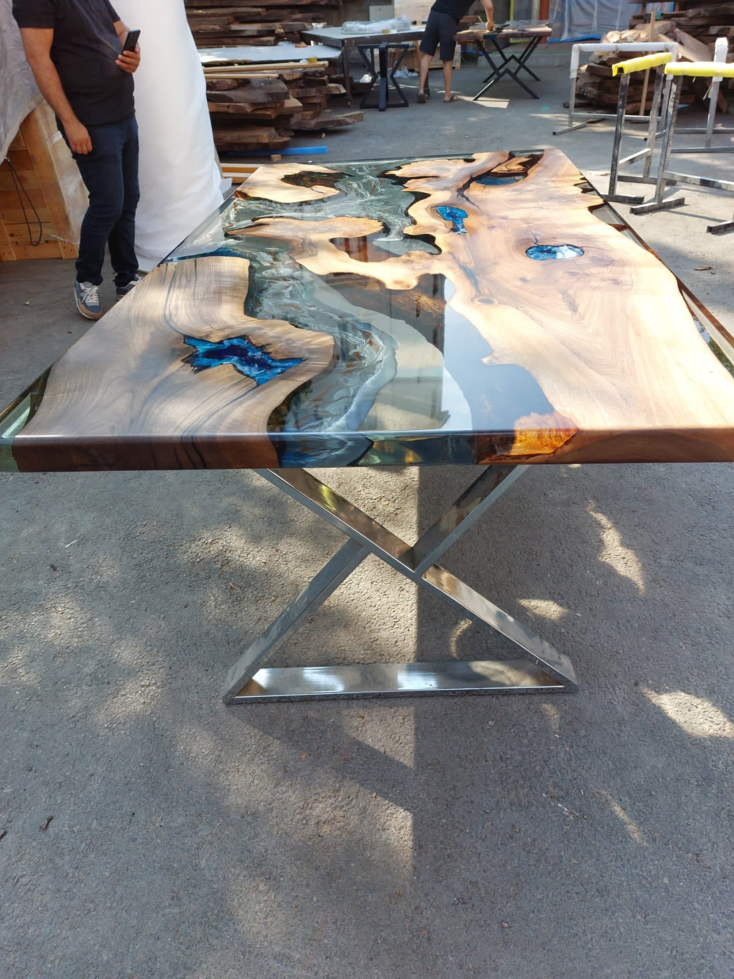 Live Edge Table, River Table, Custom 80” x 42” Walnut Wood Gray Table, Marble and Blue Ocean Table, Epoxy Table, Custom for Krystal