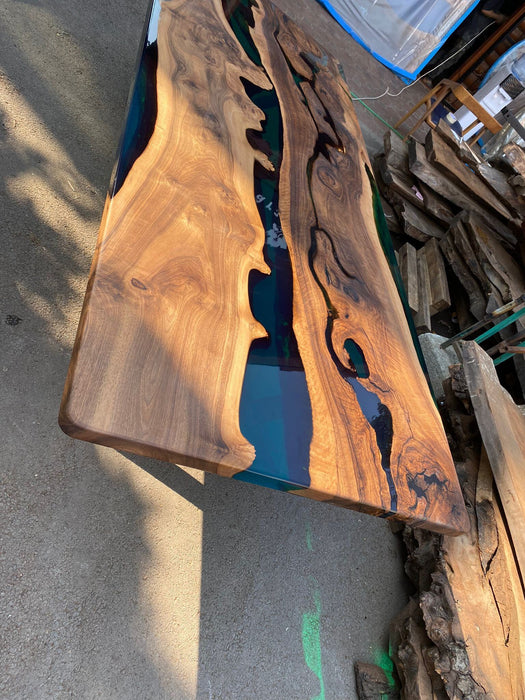 Live Edge Table, Custom 115” x 48” Walnut Wood Transparent Translucent Turquoise Green Table, Epoxy River Table, Custom Order for Constance