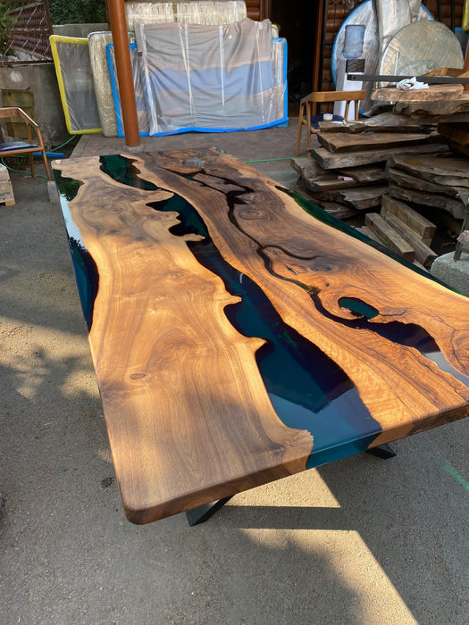 Live Edge Table, Custom 115” x 48” Walnut Wood Transparent Translucent Turquoise Green Table, Epoxy River Table, Custom Order for Constance