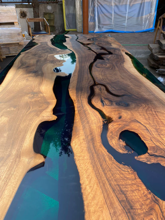 Live Edge Table, Custom 115” x 48” Walnut Wood Transparent Translucent Turquoise Green Table, Epoxy River Table, Custom Order for Constance