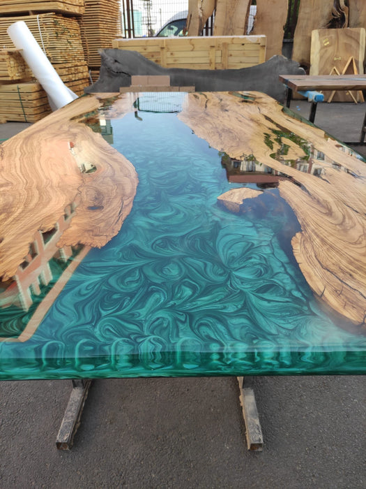 Epoxy Resin Desk, Custom 84” x 42” Olive Emerald Green Epoxy River Dining Table Order for Edward