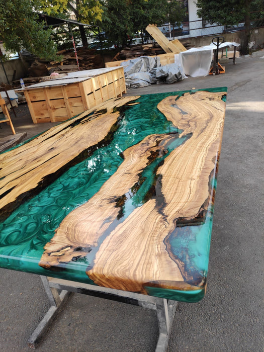 Epoxy Resin Desk, Custom 84” x 42” Olive Emerald Green Epoxy River Dining Table Order for Edward