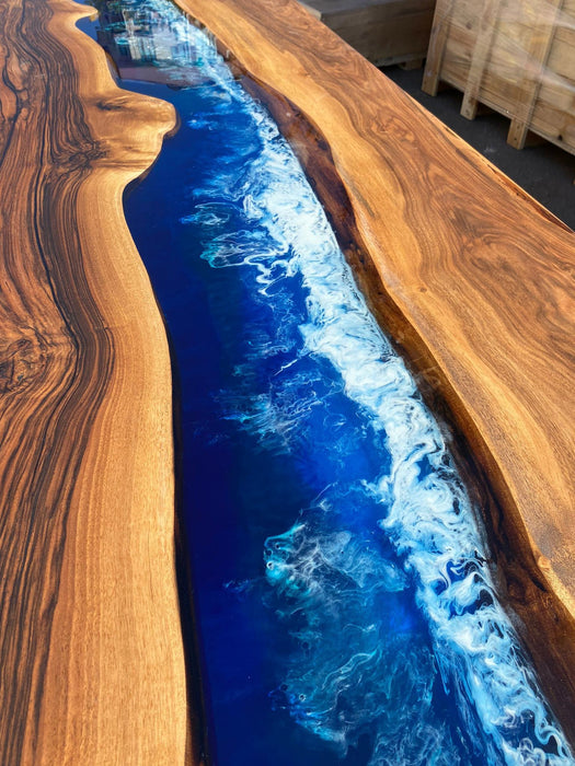 Wooden Table, Live Edge Table, Custom 90” x 42” Walnut Wood Table, Deep Blue and Turquoise Table, White Waves Epoxy Table, for Kelly Bark