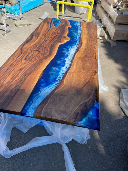 Wooden Table, Live Edge Table, Custom 90” x 42” Walnut Wood Table, Deep Blue and Turquoise Table, White Waves Epoxy Table, for Kelly Bark