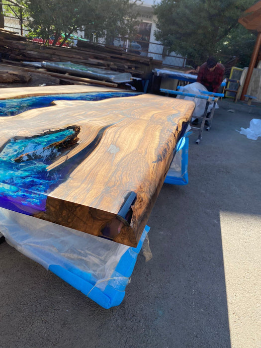 Wooden Table, Live Edge Table, Custom 90” x 42” Walnut Wood Table, Deep Blue and Turquoise Table, White Waves Epoxy Table, for Kelly Bark