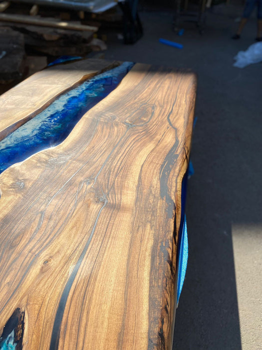 Wooden Table, Live Edge Table, Custom 90” x 42” Walnut Wood Table, Deep Blue and Turquoise Table, White Waves Epoxy Table, for Kelly Bark