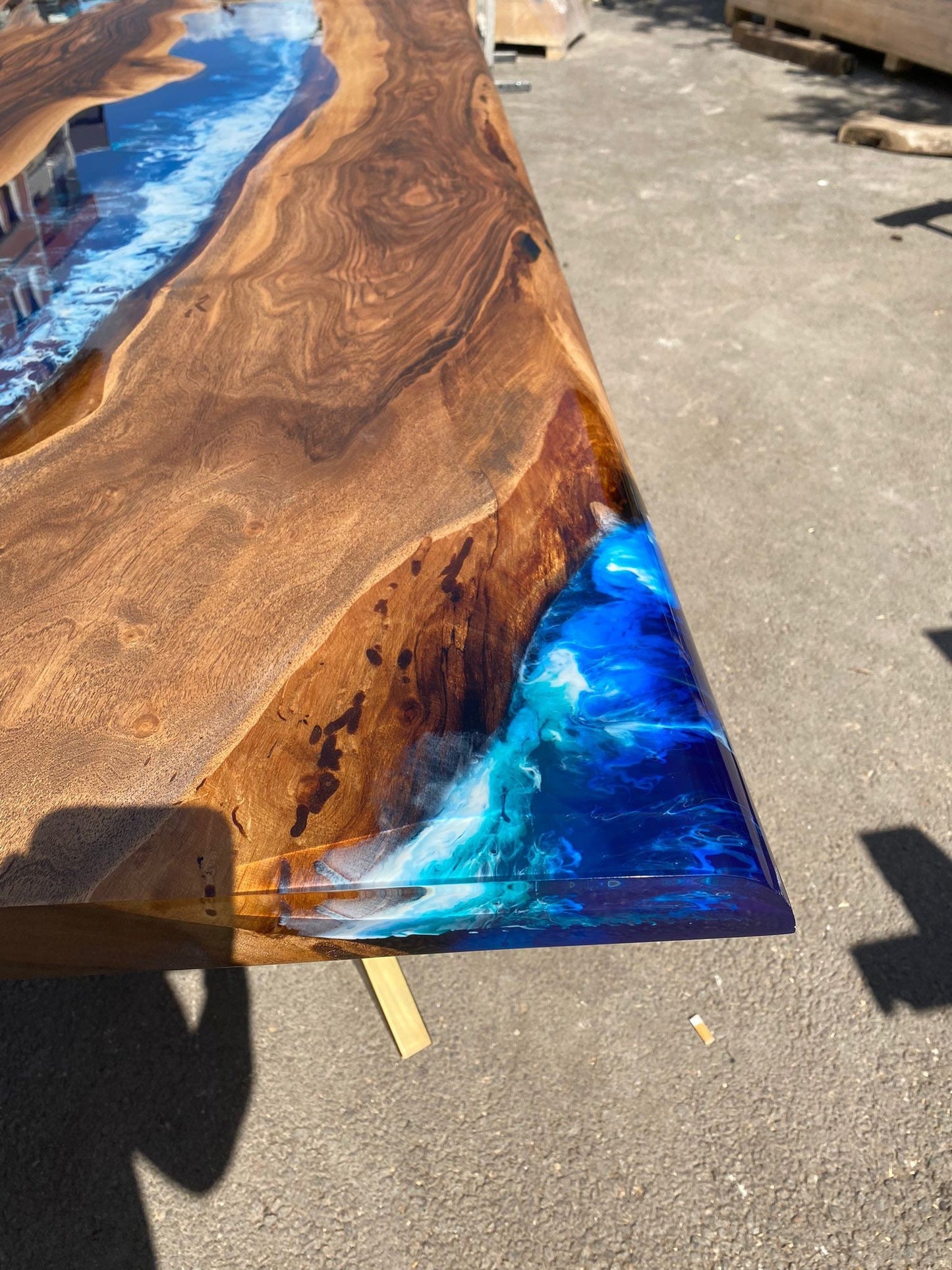 Epoxy Resin Table, Handmade Epoxy Table, Custom 90” x 42” Walnut Wood Deep Blue and Turquoise, White Waves Epoxy Table, for Kelly Bark2