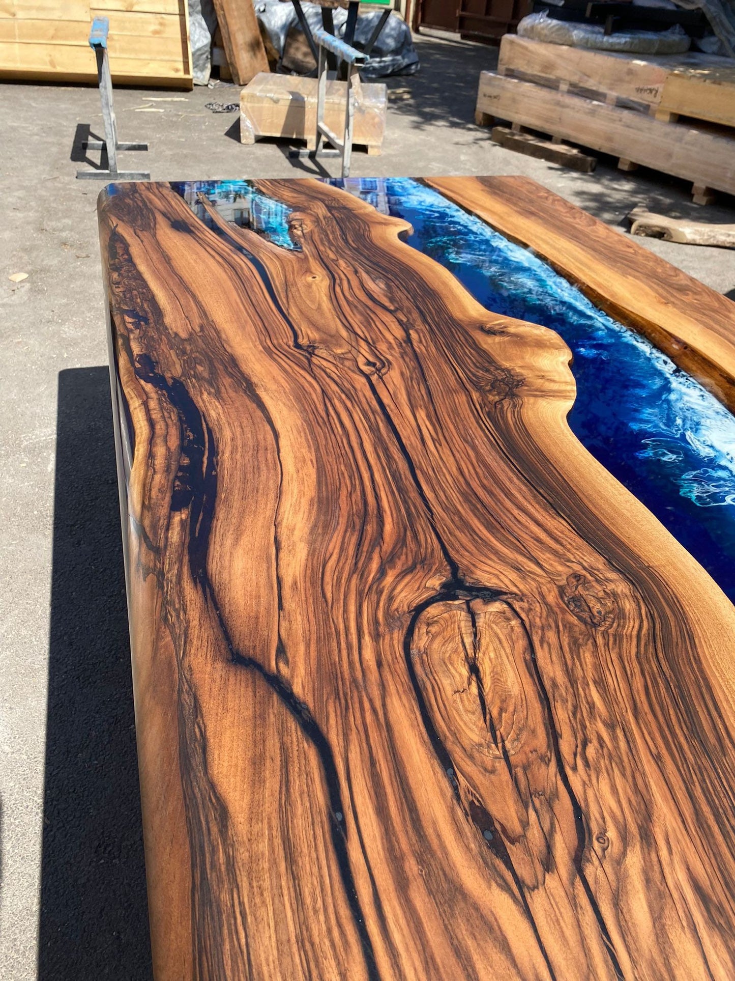 Epoxy Resin Table, Handmade Epoxy Table, Custom 90” x 42” Walnut Wood Deep Blue and Turquoise, White Waves Epoxy Table, for Kelly Bark2