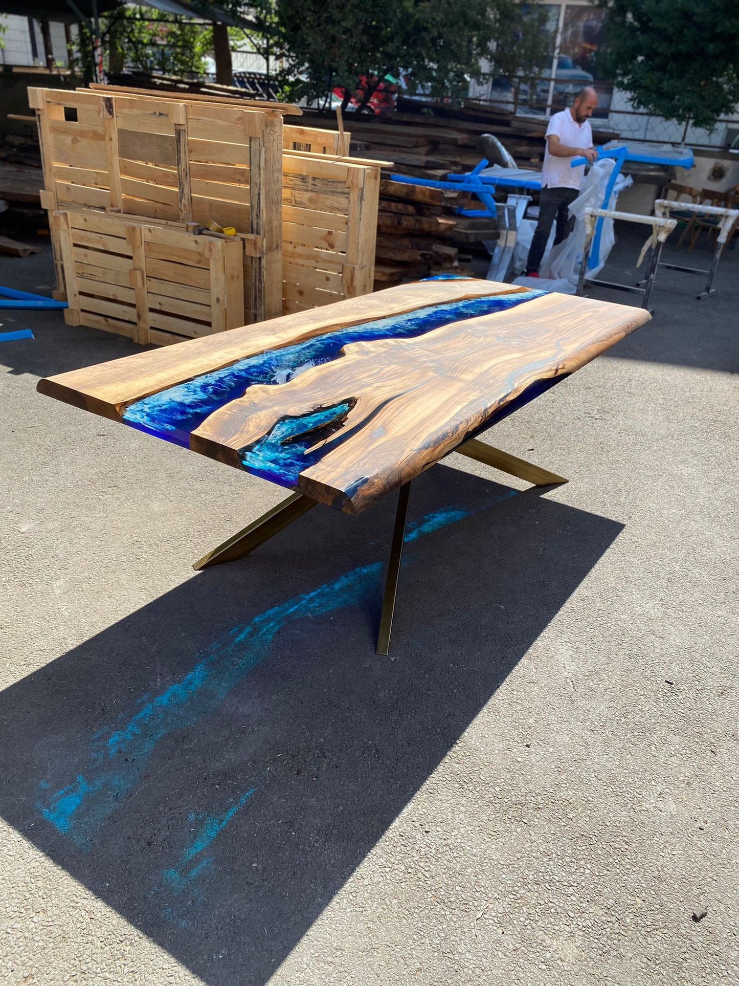 Epoxy Resin Table, Handmade Epoxy Table, Custom 90” x 42” Walnut Wood Deep Blue and Turquoise, White Waves Epoxy Table, for Kelly Bark2