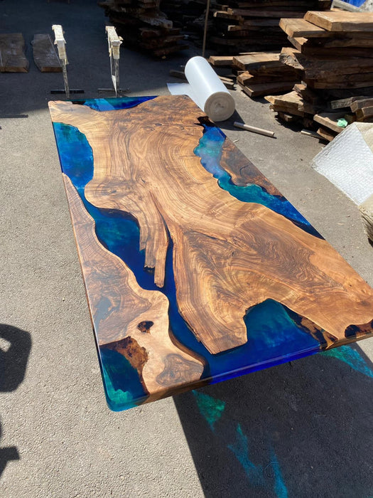 Handmade Epoxy Table, Custom 103” x 45” Walnut Blue, Turquoise, Green Table, Epoxy Dining Table, Live Edge Table, Custom for Kathleen