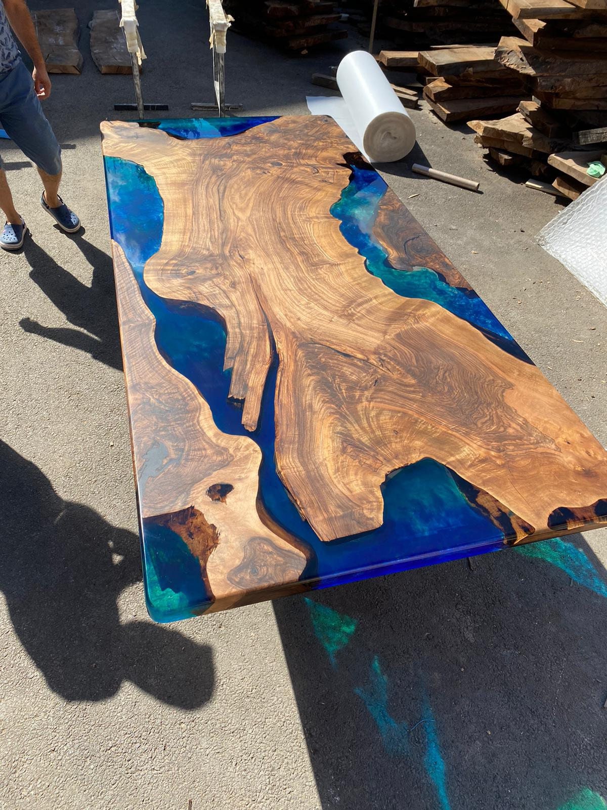 Handmade Epoxy Table, Custom 115” x 39” Walnut Blue, Turquoise, Green Table, Epoxy Dining Table, Live Edge Table, Custom for Ritu