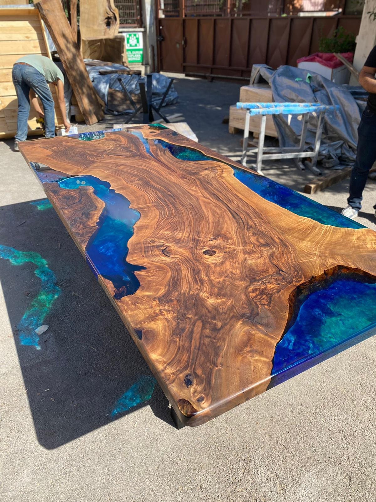 Handmade Epoxy Table, Custom 115” x 39” Walnut Blue, Turquoise, Green Table, Epoxy Dining Table, Live Edge Table, Custom for Ritu