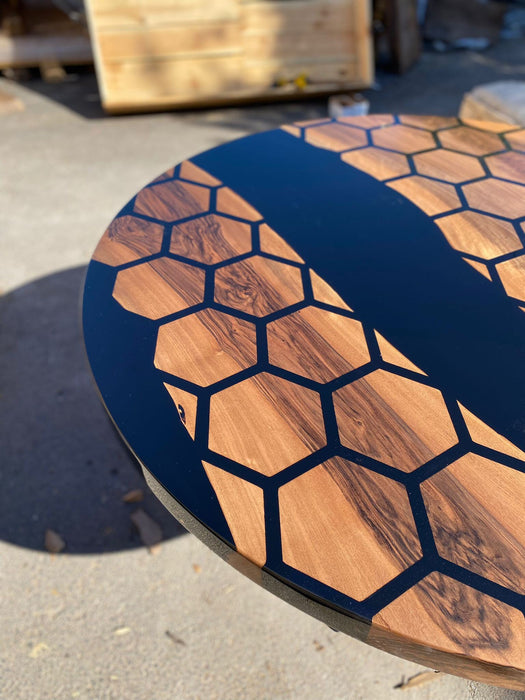 Custom 48” Diameter Round Table, Walnut Black Epoxy Table, Hexagon Honeycomb Table for Jodi