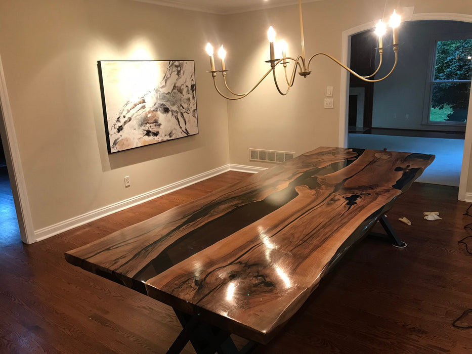 Walnut Dining Table, Live Edge Table, Custom 113” x 40” Walnut Smokey Gray Table, Epoxy River Dining Table, Custom Order for Melissa