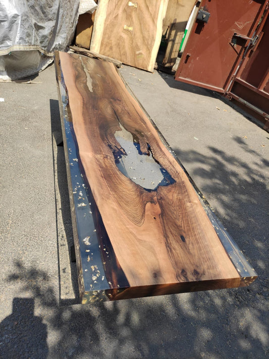 Walnut Dining Table, Unique Epoxy Table, Custom 70” x 17” Walnut Table, Clear White Epoxy River Table with Gold Leaf Order for Christopher M