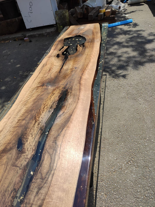 Walnut Dining Table, Unique Epoxy Table, Custom 70” x 17” Walnut Table, Clear White Epoxy River Table with Gold Leaf Order for Christopher M