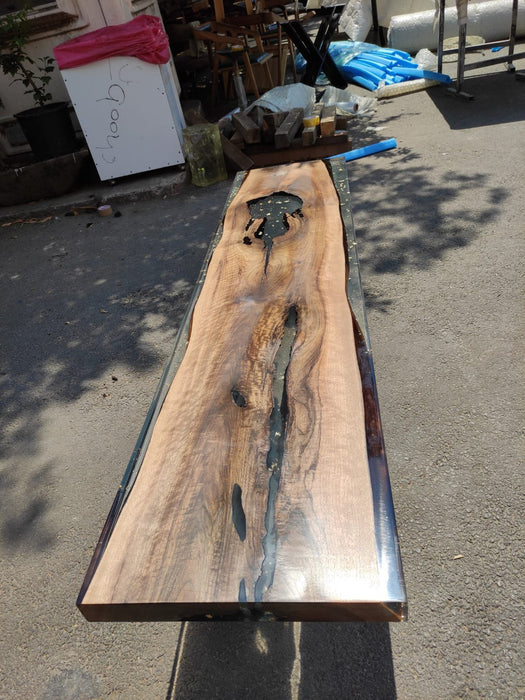 Walnut Dining Table, Unique Epoxy Table, Custom 70” x 17” Walnut Table, Clear White Epoxy River Table with Gold Leaf Order for Christopher M