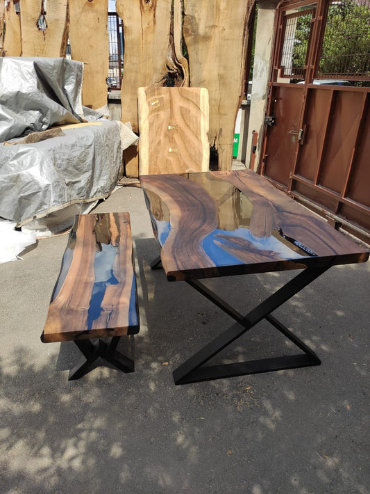 Walnut Dining Table, Epoxy Resin Table, Custom 60” x 36” Walnut Smoke Gray Table, Epoxy River Table with Bench, Custom Order for Sarah Che