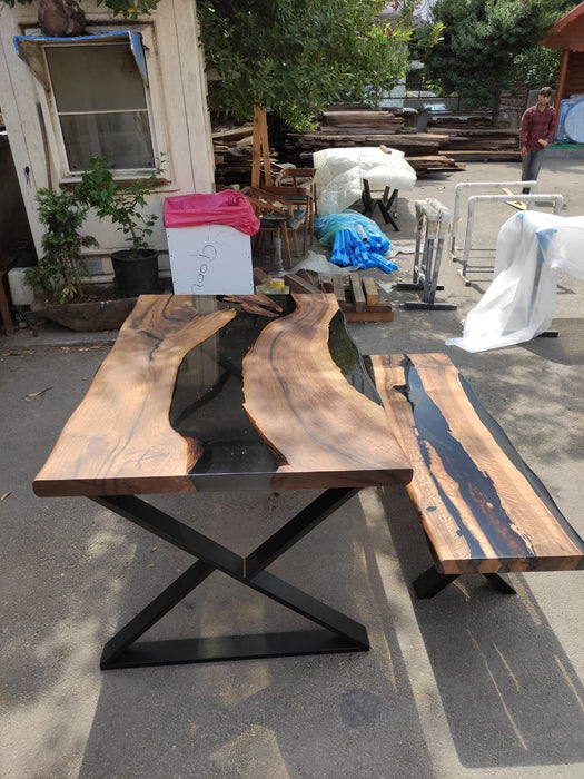 Walnut Dining Table, Epoxy Resin Table, Custom 60” x 36” Walnut Smoke Gray Table, Epoxy River Table with Bench, Custom Order for Sarah Che