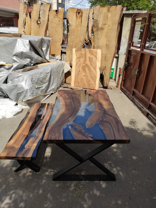 Walnut Dining Table, Epoxy Resin Table, Custom 60” x 36” Walnut Smoke Gray Table, Epoxy River Table with Bench, Custom Order for Sarah Che