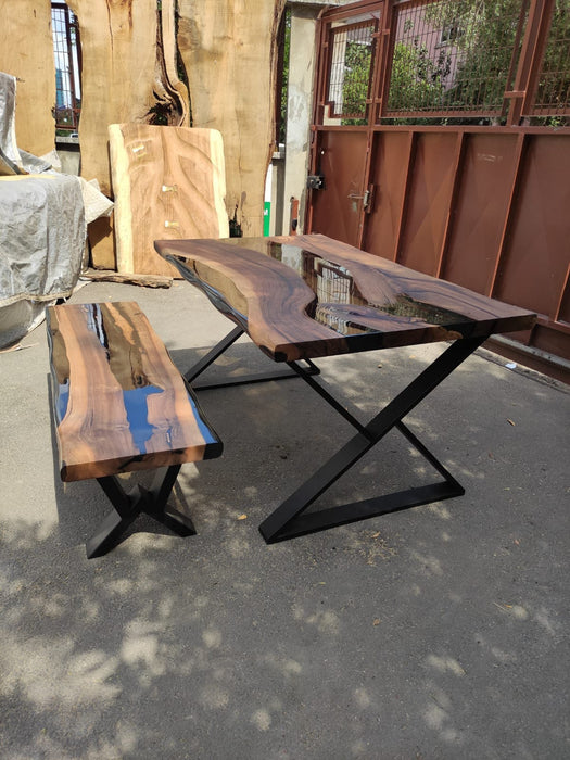 Walnut Dining Table, Epoxy Resin Table, Custom 60” x 36” Walnut Smoke Gray Table, Epoxy River Table with Bench, Custom Order for Sarah Che