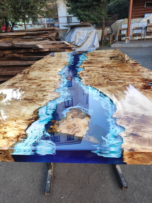 Poplar Table, Epoxy Resin Table, Custom 88” x 42” Poplar Wood Table, Shiny Ocean Blue Table, Epoxy River Table, Custom Order for Natalie