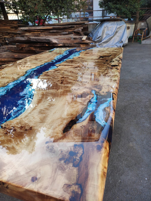 Poplar Table, Epoxy Resin Table, Custom 88” x 42” Poplar Wood Table, Shiny Ocean Blue Table, Epoxy River Table, Custom Order for Natalie