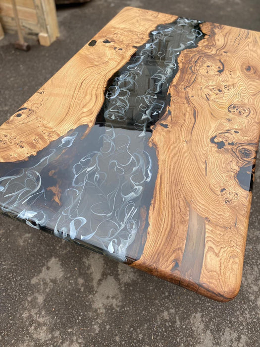Live Edge Table, Epoxy Resin Table, Custom 60” x 36” Chestnut Smokey Gray Epoxy with White Strike Resin River Dining Table, Order for Rahad