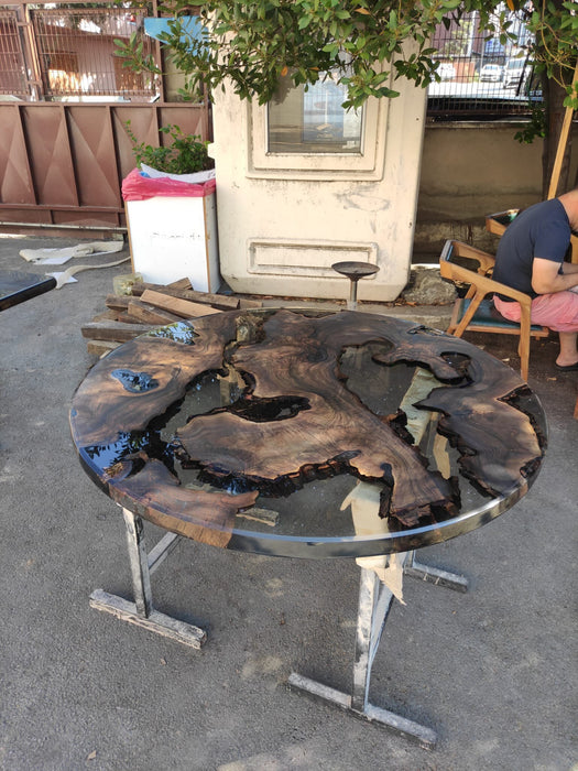 Round Dining Table, Epoxy Coffee Table, Custom 50” Diameter Round Table, Walnut Wood Smokey Gray Table, Epoxy Resin Table, Order for Bella