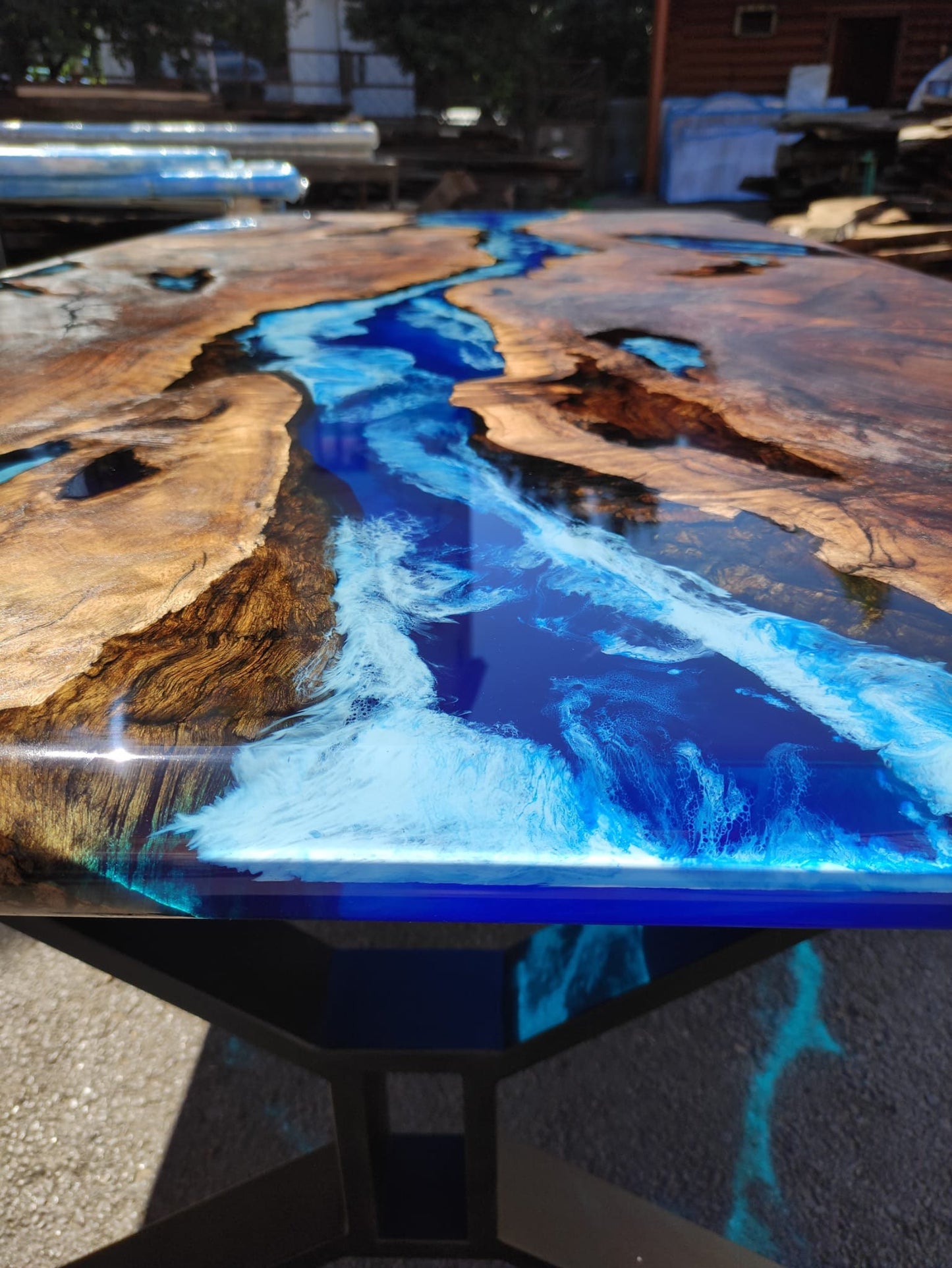 Walnut Dining Table, Live Edge Table, Custom 96” x 48” Walnut Wood Deep Blue and Turquoise, White Waves Table, Epoxy Table, for Alejandro