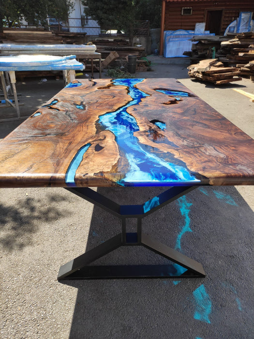 Walnut Dining Table, Live Edge Table, Custom 96” x 48” Walnut Wood Deep Blue and Turquoise, White Waves Table, Epoxy Table, for Alejandro