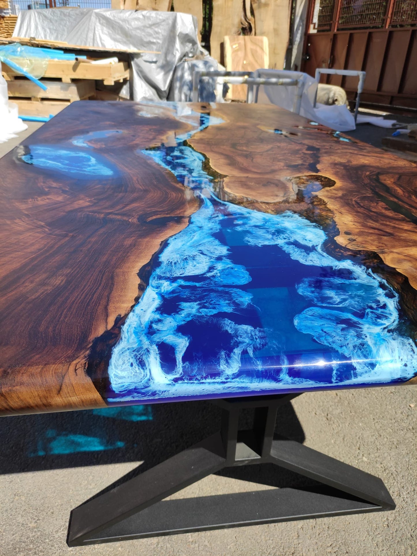 Walnut Dining Table, Live Edge Table, Custom 96” x 48” Walnut Wood Deep Blue and Turquoise, White Waves Table, Epoxy Table, for Alejandro