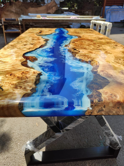 Ocean Table, Poplar Table, Custom 68” x 36” Poplar Wood Shiny Ocean Blue Table, Epoxy River Table, Live Edge Table, Custom Order for Jody