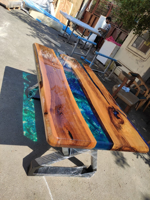 Walnut Dining Table, Epoxy Resin Table, Custom 65” x 36” Walnut Shiny Blue, Turquoise, Green Table, Epoxy Dining Table, Custom for Joshua