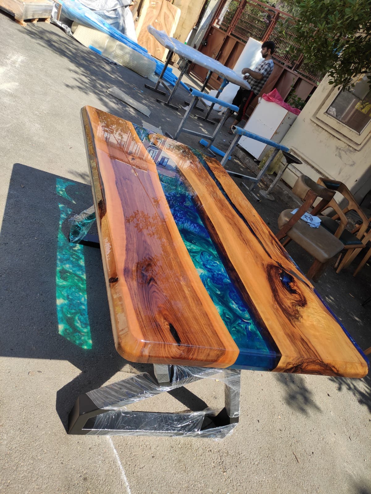 Handmade Epoxy Table, Custom 65” x 36” Walnut Shiny Blue, Turquoise, Green Table, Epoxy Dining Table, Live Edge Table, Custom for Joshua