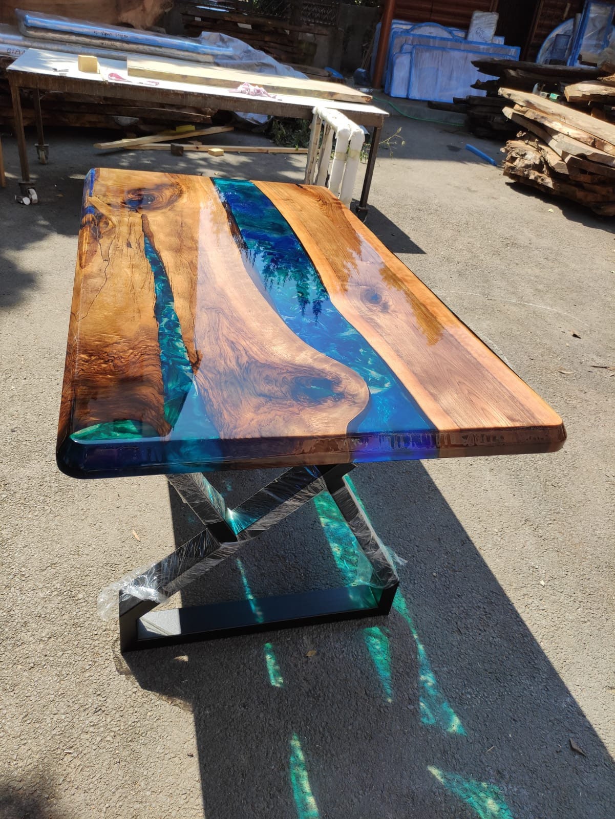 Handmade Epoxy Table, Custom 65” x 36” Walnut Shiny Blue, Turquoise, Green Table, Epoxy Dining Table, Live Edge Table, Custom for Joshua