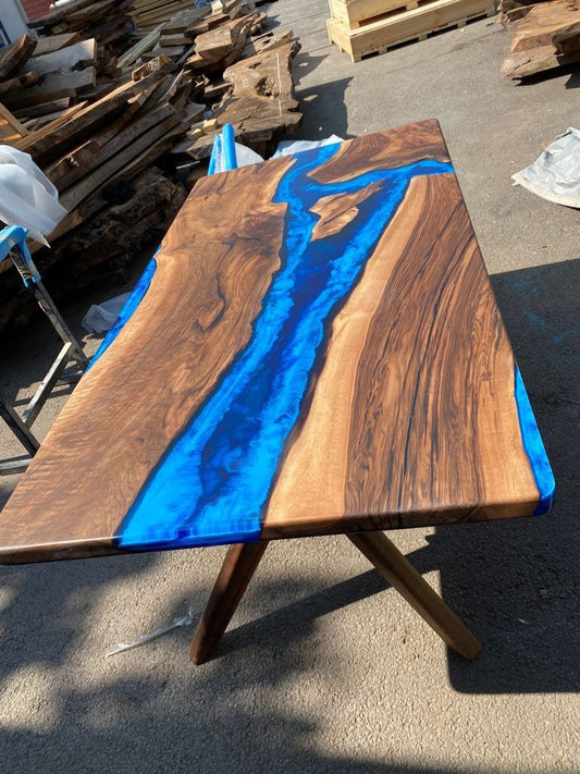 Olive Wood Table, Custom 72” x 30” Olive Wood Deep Blue and Turquoise White Epoxy Table, Epoxy Resin Table, River Table, for Patricia S