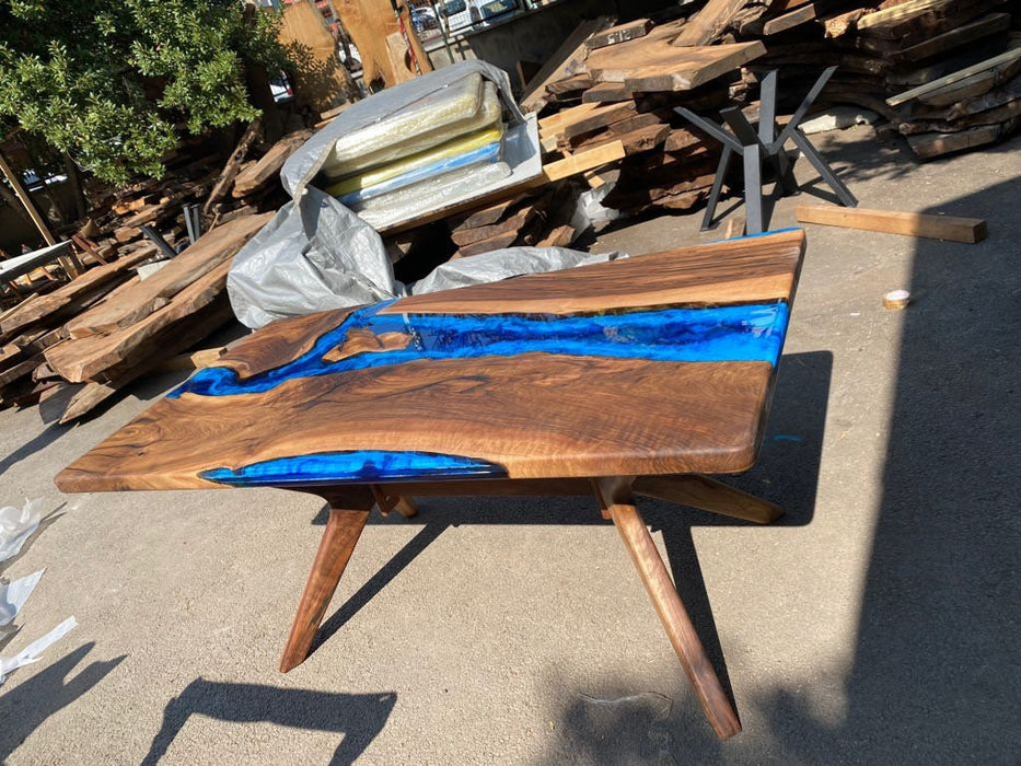 Live Edge Table, Custom 75” x 40” Walnut Wood Deep Blue and Turquoise Table, White Epoxy Table, Epoxy Resin Table, River Table, for Rick S