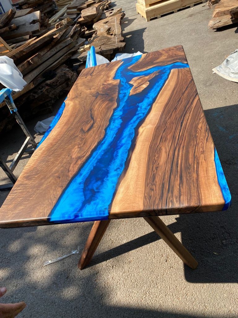 Olive Wood Table, Custom 72” x 30” Olive Wood Deep Blue and Turquoise White Epoxy Table, Epoxy Resin Table, River Table, for Patricia S