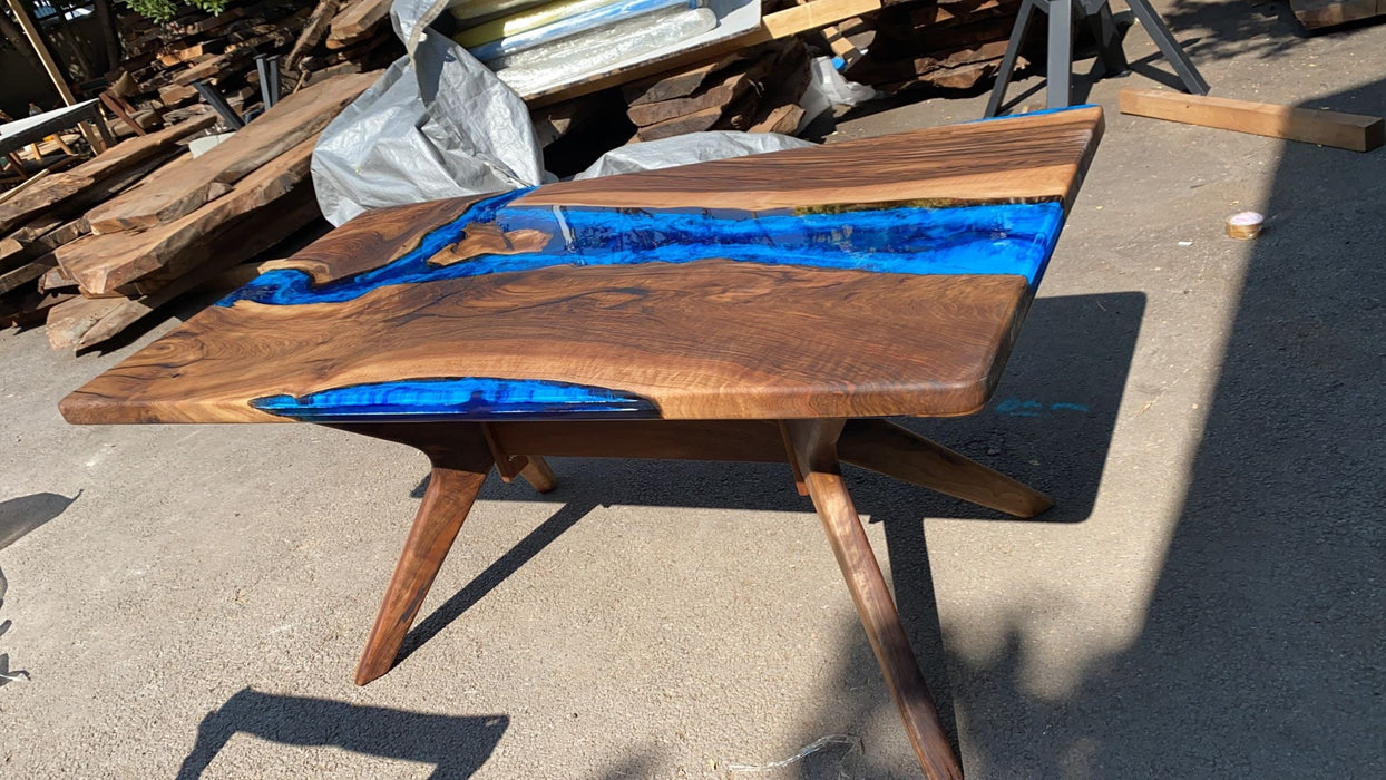 Live Edge Table, Custom 75” x 40” Walnut Wood Deep Blue and Turquoise Table, White Epoxy Table, Epoxy Resin Table, River Table, for Rick S