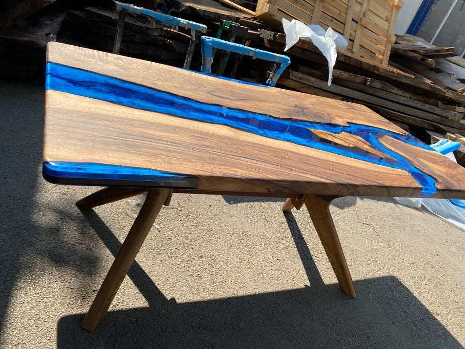 Olive Wood Table, Custom 72” x 30” Olive Wood Deep Blue and Turquoise White Epoxy Table, Epoxy Resin Table, River Table, for Patricia S