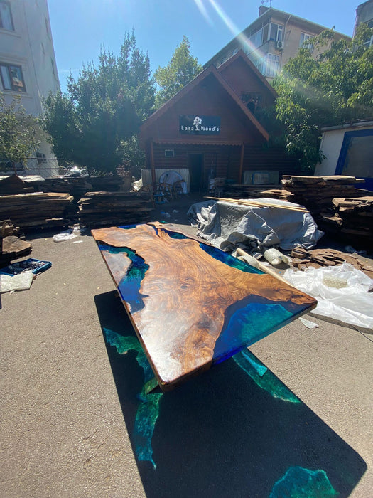 Walnut Dining Table, Epoxy Resin Table, Custom 103” x 45” Walnut Blue, Turquoise, Green Table, Epoxy Dining Table, Custom for Kathleen 2