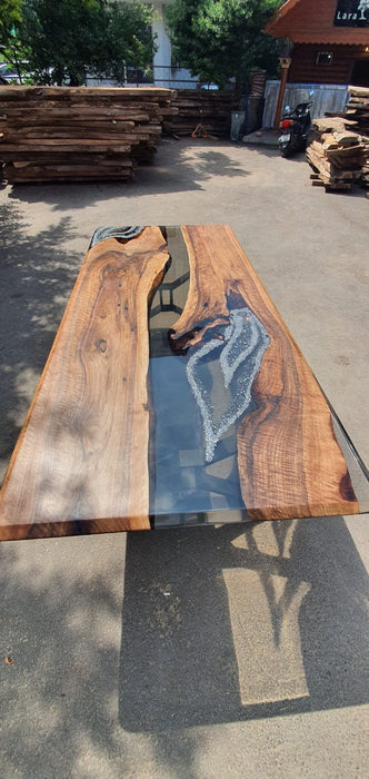 Walnut Live Edge Dining Table, Custom 96” x 43” Walnut Smokey Gray Epoxy Resin with Silver Diamonds, Aquarium Dining Table Order for Andrea