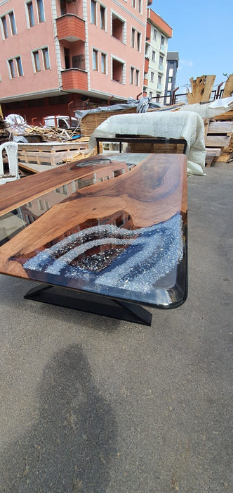 Walnut Live Edge Dining Table, Custom 96” x 43” Walnut Smokey Gray Epoxy Resin with Silver Diamonds, Aquarium Dining Table Order for Andrea