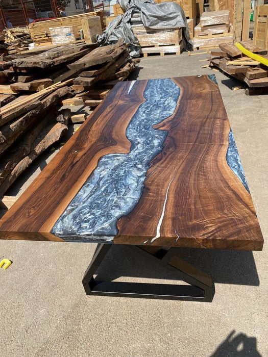 Epoxy Marble Table, Conference Table, Custom 96” x 42” Walnut Wood Gray Table, Marble Affect Epoxy Table, Live Edge Table, for Korrine 2