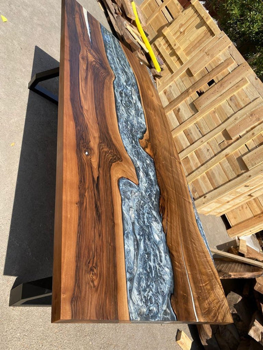 Epoxy Marble Table, Conference Table, Custom 96” x 42” Walnut Wood Gray Table, Marble Affect Epoxy Table, Live Edge Table, for Korrine 2