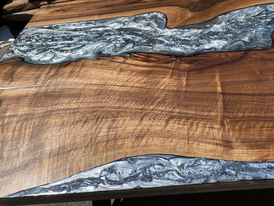 Epoxy Marble Table, Conference Table, Custom 96” x 42” Walnut Wood Gray Table, Marble Affect Epoxy Table, Live Edge Table, for Korrine 2