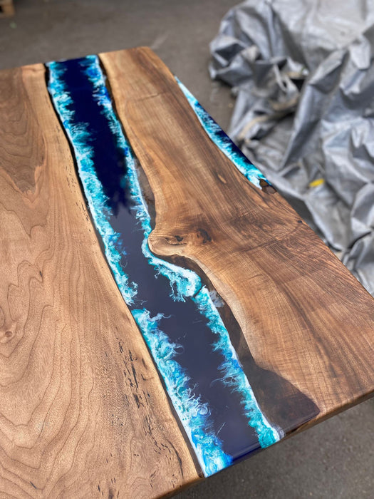 Walnut Dining Table, Custom 60” x 36” Walnut Wood Deep Blue and Turquoise, White Waves Table, Epoxy Table, Live Edge Table, Custom for Chris