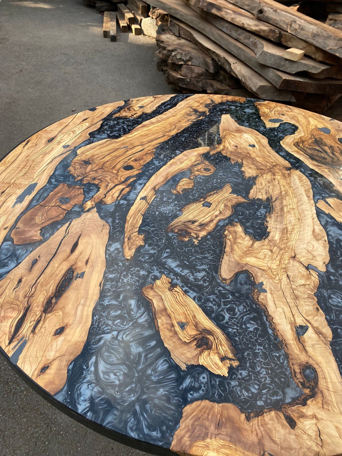 Olive Wood Epoxy Table, Olive Wood Coffee Table, Custom 50” Diameter Round Table, Olive Wood Metallic Gray Epoxy Table, Order for William